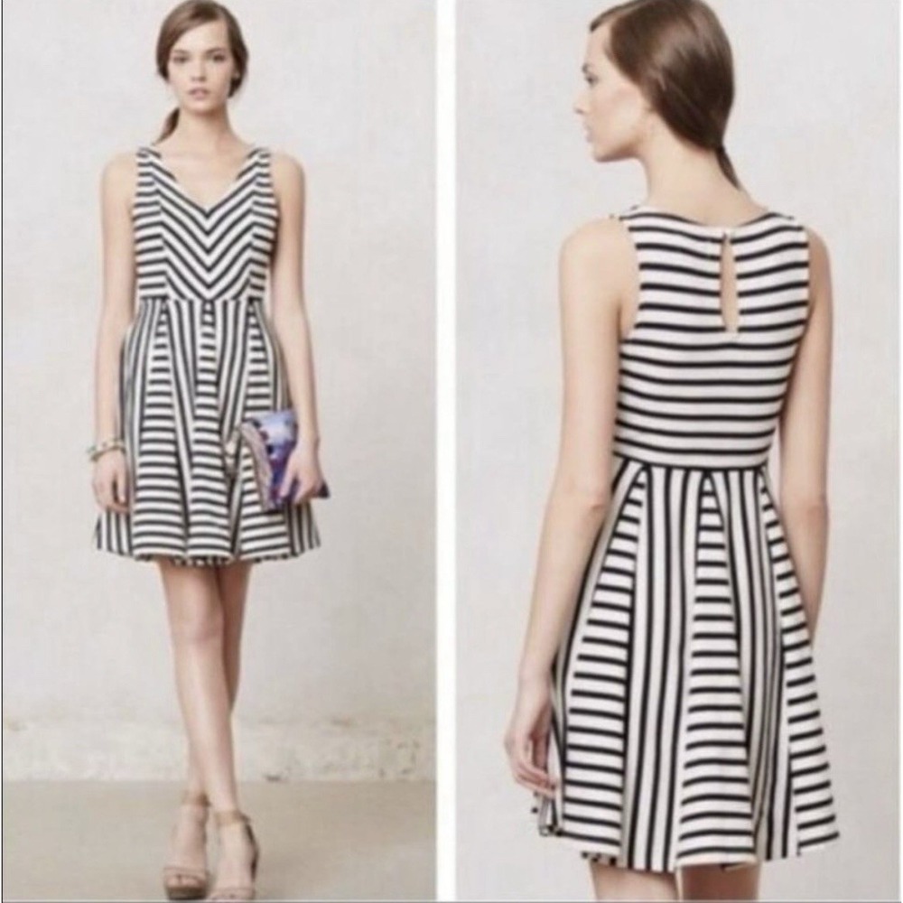 Saturday Sunday Anthropologie Striped Fit and Flare Dress Black White V-Neck S